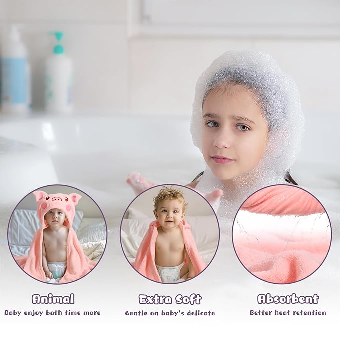 WODHOY Baby Hooded Towel Toddlers, 50 x 32 Inch Large Toddler Towel Hooded Set,2-Pack Thick Animal Bath Towels,Ultra Absorbent for Kids Cozy and Warm-Bath Essential Green Giraffe and Pink Pig
