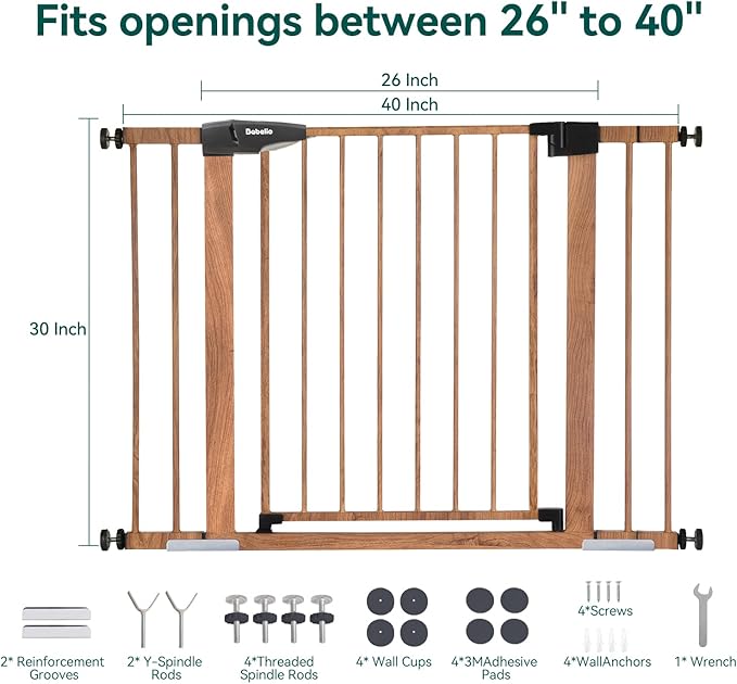Mom's Choice Award Winner-BABELIO 26-40" Metal Baby Gate with Wood Pattern, PressGuard C5 Easy Install Pressure Mounted Dog Gate for Stairs and Doorways, with Wall Protectors and Extension Kits