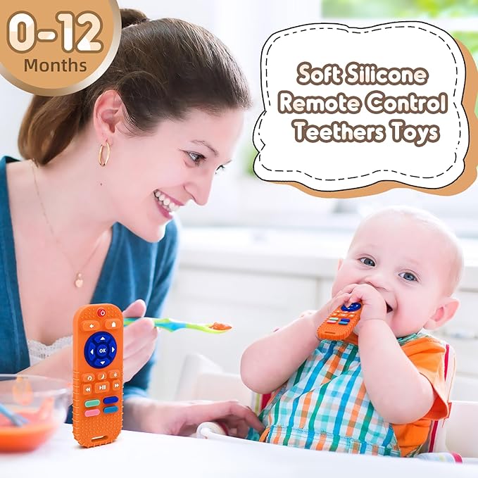 AiTuiTui Baby Teething Relief Sensory Chew Toys for 3 6 9 12 Months, Silicone Infant Teether Remote Control Bath Toy for Newborn Toddlers Boy Girl Autism Baby Shower Birthday Gifts, Orange