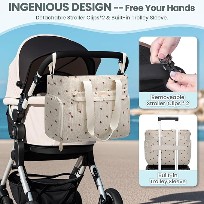 Large Travel Diaper Bag Tote with 14 Inch Laptop Sleeve, Breast Pump Bag for Mom and Dad, Mommy Maternity Travel Baby Bag for Boys and Girls, Strawberry