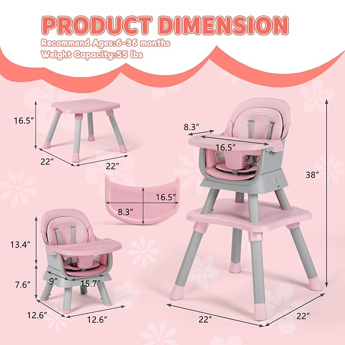 Kinder King 8 in 1 Baby High Chair, Coverts to Dining Booster Seat/Kids Table & Chair Set/Toddler Building Block Table/Kids Stool, Removable Tray & Double Seat Cover, Easy to Wipe, Grey & Pink