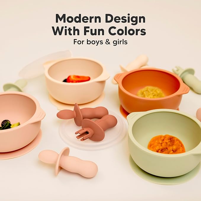 KeaBabies 4-Pack Silicone Baby Spoons and Forks Set - Baby Led Weaning Utensils 6-12 Months, Self Feeding Toddler Spoon & Fork for Training, Teething, Easy to Hold, BPA-Free Silicone (Terracotta)