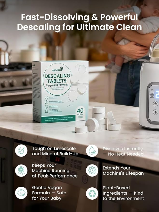 GROWNSY Descaling Tablets for Bottle Warmer & Bottle Sterilizer, Descaler Cleaner 40 Count for Baby Food Maker, Deep Cleans Limescale, Fights Odors & Maintains Performance, 1 Year Supply