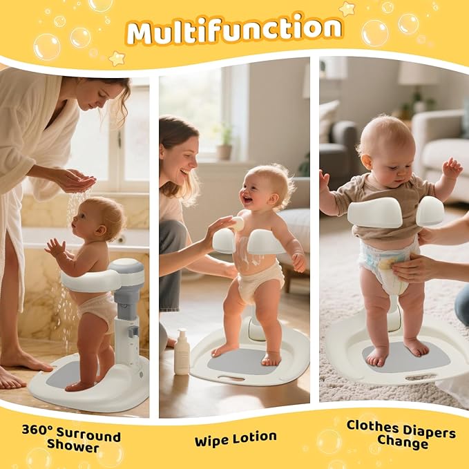 Baby Shower Stand with Seat - Foldable Toddler Shower Standing Support | Adjustable Height Soporte para Bañera de Bebé | Baby Bath Support Stand for 6-36 Months Toddler Standing Assistance