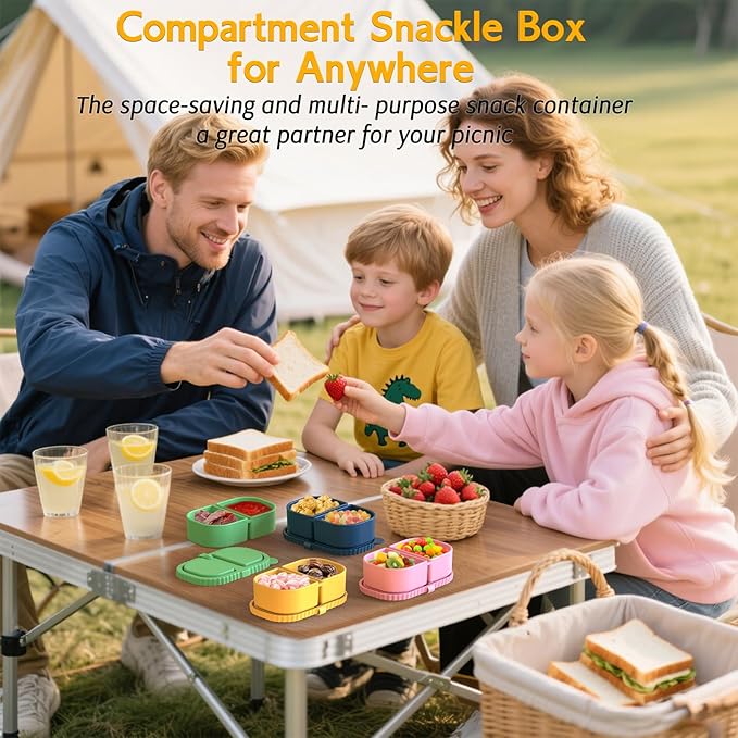 4 Pack Silicone Snack Containers with Lids, Double Compartment Snack Containers for Sauce, Reusable Silicone Food Storage Box for Lunch Office Travel