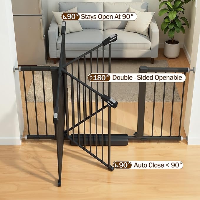 Mumeasy 29.7–51 Inch Extra Wide Baby Gate for Stairs, Extra Long Indoor Dog Gate for Doorways, Pressure Mounted Walk Thru Child Gate with Auto-Close, No-Drill Safety Pet Gate with Door for House,Black
