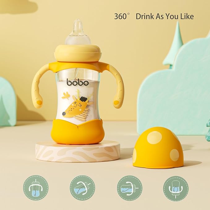 YOHKOH Natural Glass Baby Bottle with Natural Response Nipple, Wide Neck Baby Bottles with Handle, Newborn Anti-Colic Baby Bottles Gift Set, Clear (5.4oz (Pack of 2), Yellow)