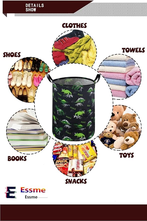 ESSME Kids Hamper,Dinosaur Laundry Hamper Collapsible Canvas Dinosaur Storage Basket for Boys Room Decor, Nursery Hamper,Gift Baskets,Home Organizer(Dinosaur laundry hamper)