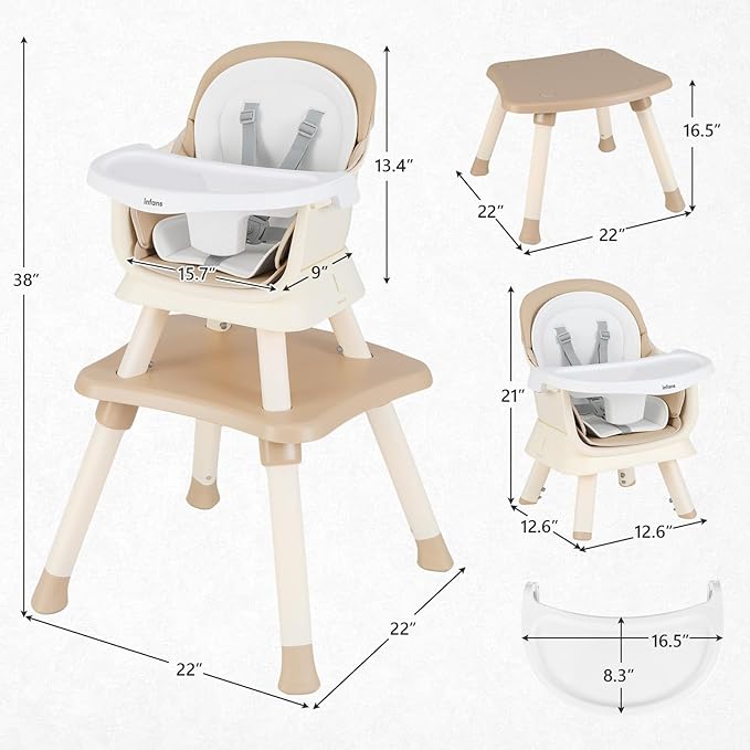 INFANS 8 in 1 Baby High Chair, Convertible Highchair for Babies and Toddlers, Infant Dining Booster Seat, Building Block Table, Kids Stool Table Chair Set with Removable Tray