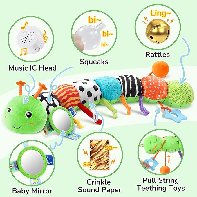 AWOTOY Baby Toys 6-12 Months Music Caterpillar Infant Toys Stuffed Animals 0-3-6 Months Tummy Time Teething Sensory Toys with Mirror Rattle&Pull String for Boys Girls Birthday Gifts|Green,Knot Limb