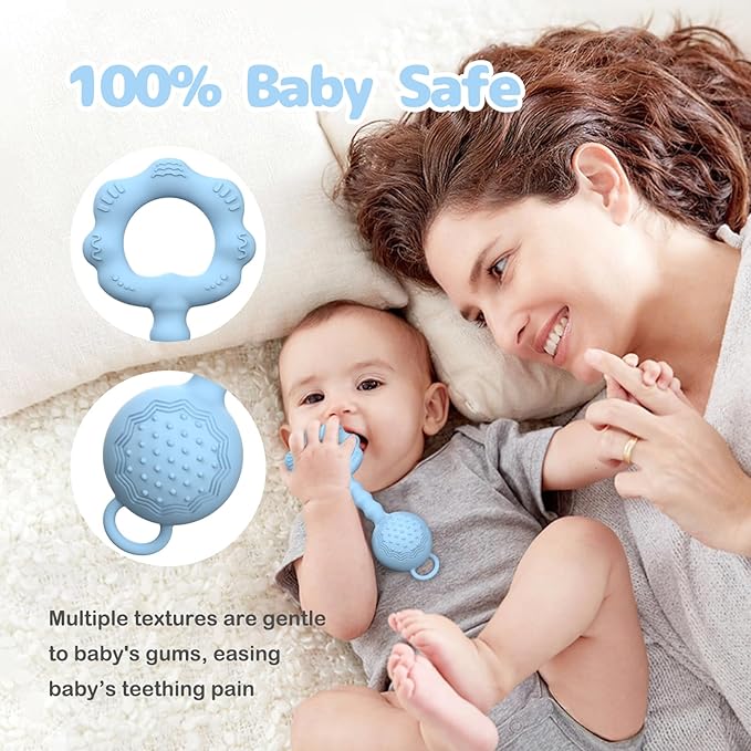 2 Pcs Baby Rattle Teether, 2-in-1 Rattle and Teether Toy for Soothing Sore Gums and Keeps Little Ones Entertained, Food Grade Silicone (Blue+Green)