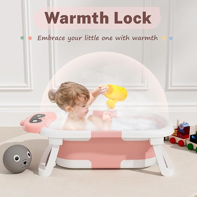 AVIDOR Baby Bathtub,Collapsible Bathtub for Newborn to Toddler,Durable Essential Infant Bath Tub,Portable Travel Baby Tub with Soft Bath Net,No-Slip Feet and Dinosaur Shaped (Pink)