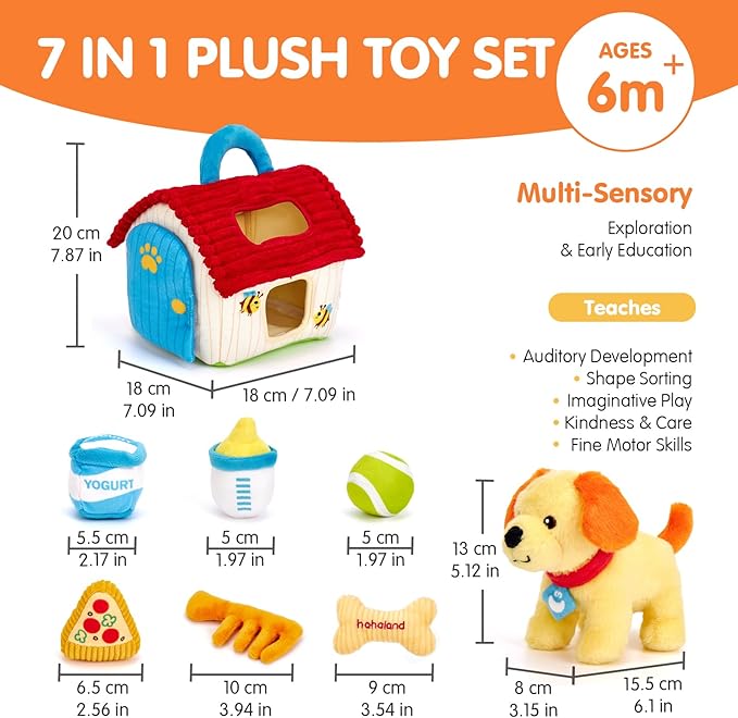 hahaland Baby Montessori Toys for 1 + Year Old – Puppy Plush Sensory Toy Set with Rattle, Crinkle, Mirror & Shape Sorter – Interactive Learning Pretend Play for Toddlers 1-3