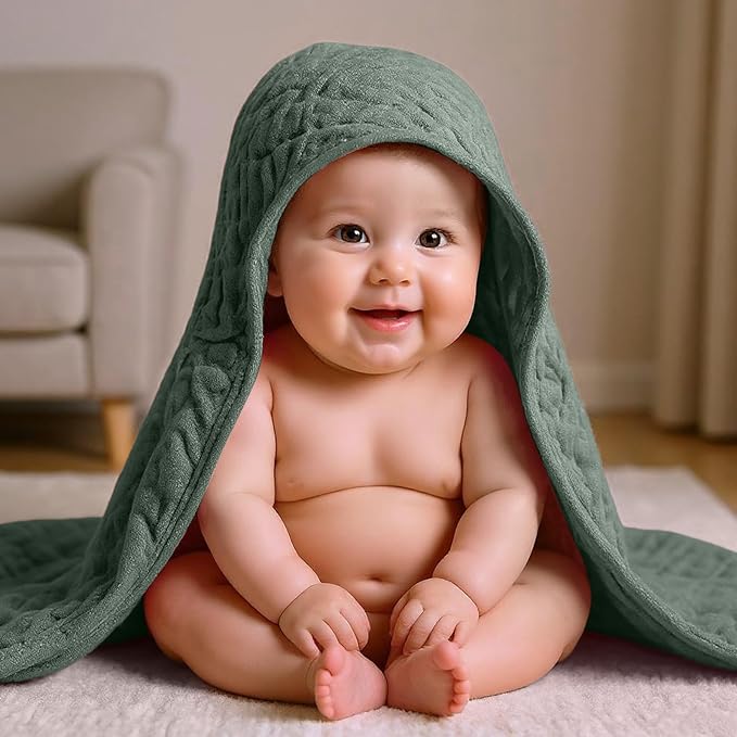 VitalCozy 12 Pcs Baby Muslin Hooded Bath Towels and Washcloths Muslin Cotton Hooded Baby Towels Absorbent Blankets for Gift Newborn Infant Shower (32 x 32 Inch,Cool Colors)