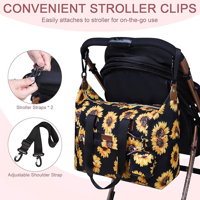 Diaper Bag Tote - Diaper Baby Bags with Pacifier Case, Shoulder Straps, Stroller Clips, Waterproof Large Mommy Bag Maternity Bag Travel Baby Bag for Mom and Dad, Sunflower
