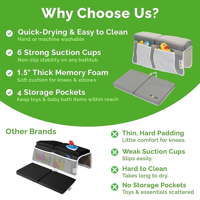 Woobi Baby Bath Kneeler and Elbow Rest Pad Set - 1.5" Thick Memory Foam Knee Pad for Bathing Babies - 6 Suction Cups Non Slip Bath Kneeling pad with Toy Storage - Foldable & Quick Drying-Grey