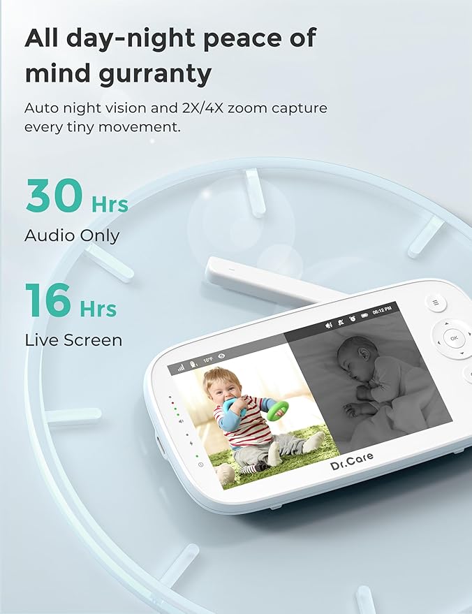 Dr.Care NovaView Video Baby Monitor - 5" 1080P Split Screen Display, 5000mAh Battery, Clear Night Vision, Real-Time/VOX, 2X/4X Zoom, 1000ft Range, 2-Way Audio, Pan & Tilt, No WiFi Baby Camera