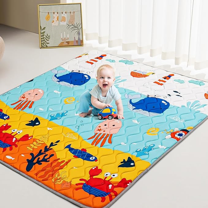 TreeBud Baby Play Mat - Thicken 71x59 Inch Soft Foam Crawling Mat for Playpen & Floor, Non-Slip Waterproof Playmats for Infants & Toddlers, Portable Foldable & Machine Washable, Ocean World