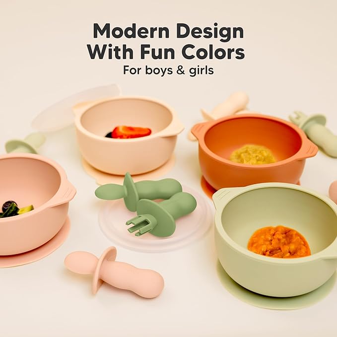 KeaBabies 4-Pack Silicone Baby Spoons and Forks Set - Baby Led Weaning Utensils 6-12 Months, Self Feeding Toddler Spoon & Fork for Training, Teething, Easy to Hold, BPA-Free Silicone (Desert)