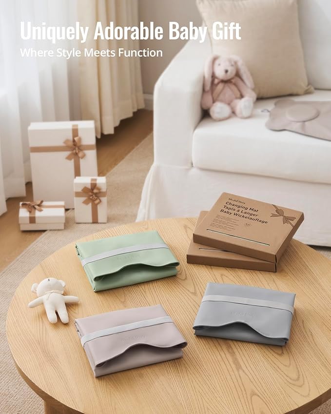 Blissful Diary Vegan Leather Portable Changing Pad, Wipeable & Waterproof Baby Change Mat in Diaper Bag, Travel Essential & Registry Gift, Light Gray