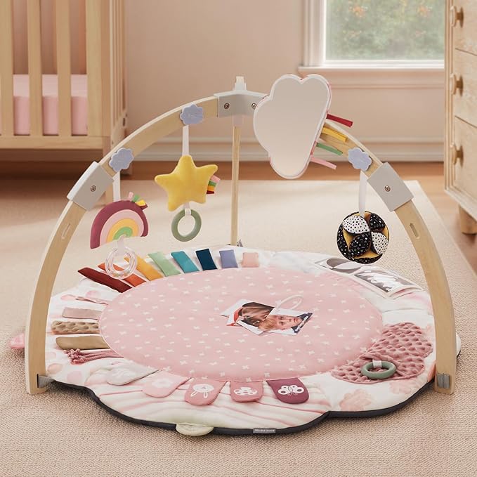 Blissful Diary Baby Play Gym & Activity Mat, 5 Developmental Zones Wooden Tummy Time Mat with 5 Detachable Sensory Toys for Motor Skills & Sensory Development, Baby Essentials Shower Gift, Pink Flower