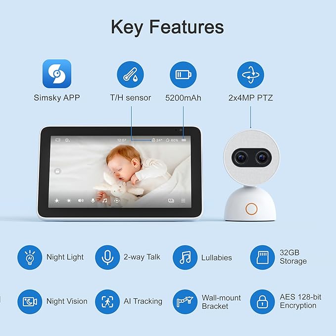 Simsky Split Screen Video Baby Monitor with Cameras, Dual 4MP Cameras with 6X Zoom, 7" UHD Touch Screen Portable Audio Baby Monitor 32GB Local Storage