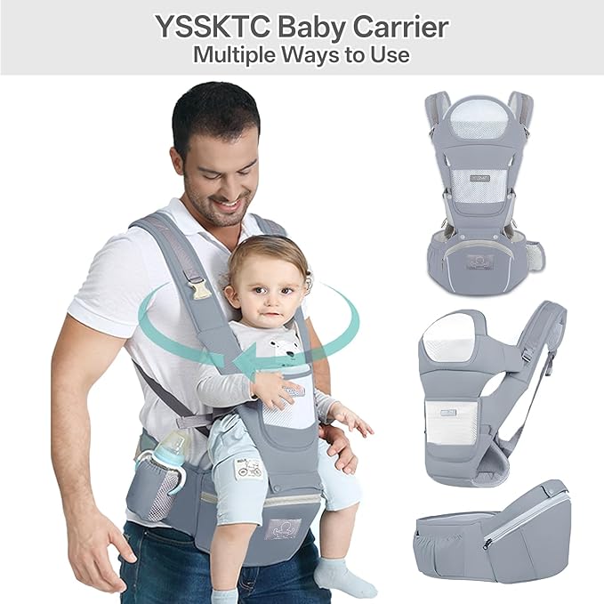 Baby Carrier Ergonomic Infant Carrier with Hip Seat Kangaroo Bag Soft Baby Carrier Newborn to Toddler 7-45lbs Front and Back Baby Holder Carrier for Men Dad Mom (Grey)