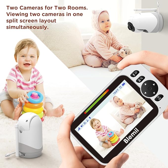 Blemil Baby Monitor with 30-Hour Battery, 5" Large Split-Screen Video Baby Monitor with Camera and Audio, 3500mAh Battery, Remote Pan/Tilt/Zoom Camera, Two-Way Talk, Night Vision, Lullabies, No WiFi