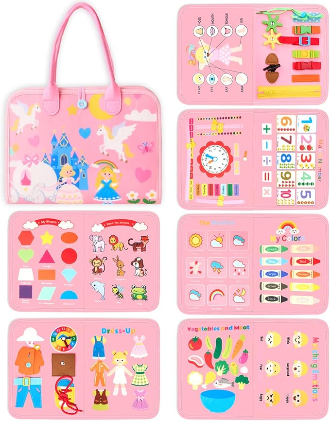 13-Page Baby Busy Book for Toddlers 1-3, Montessori Busy Board Toys for Toddlers 2 3 4 Year Old Boys & Girls, Educational Activities to Learn Fine Motor Skills, Portable Travel Toys for Airplane & Car