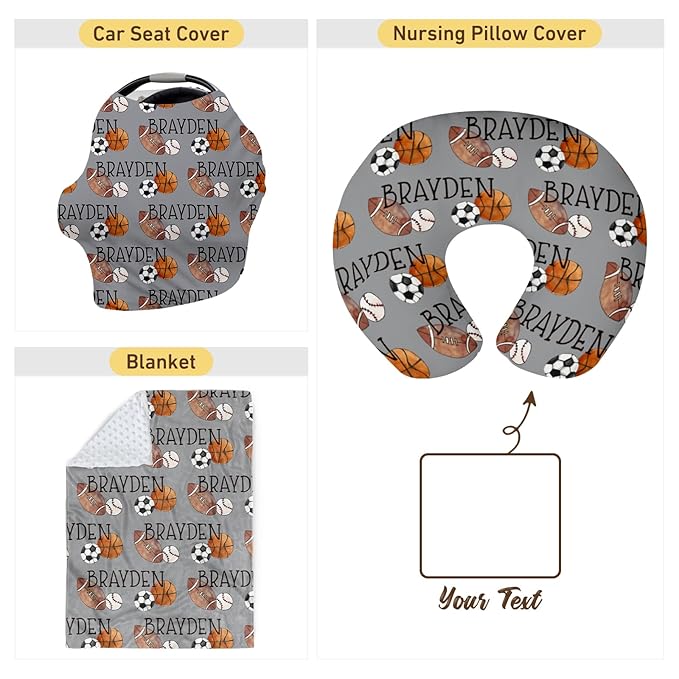 Rucekia Baby Nursing Pillow Cover - Personalized Name Multi-Ball Theme Breastfeeding U-Shaped for Bottle Feeding, Ultra Soft Comfortable Breastfeeding Pillow Cover for Infant Baby Boys and Girls