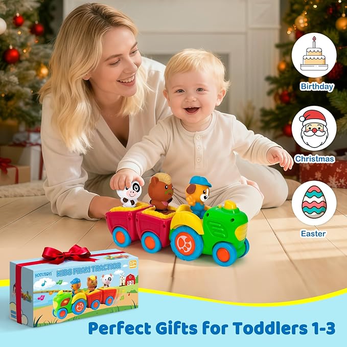 Animal Farm Tractor Toy for Toddler 1 2 3 Years Old, Musical Tractor Set with 3 Farm Animals, Montessori Learning Toy with Lights and Sounds, Christmas Birthday Gifts for Boys Girls 12 18 24 Months
