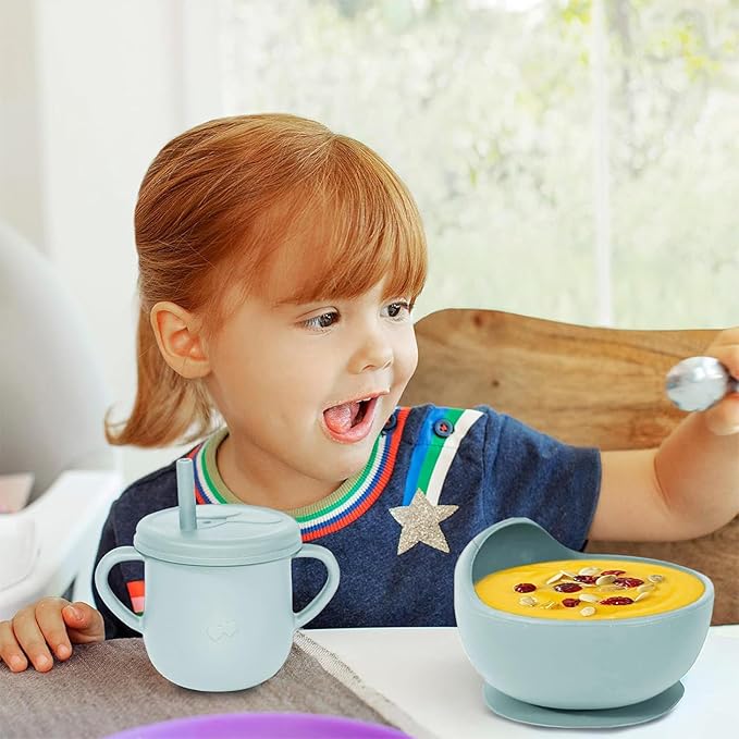 Dormlony 100% Silicone Baby Feeding Set,BPA Free Baby Dishes Set with Suction Bowl Divided Plate,Toddler Self Feeding Dish Set with Spoons Forks Sippy Cup and Bib, Baby Eating Utensils(Light Blue)