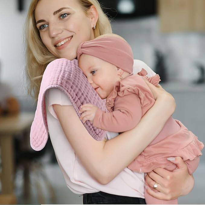 VitalCozy 6 Pcs Baby Muslin Hooded Bath Towels and Washcloths Muslin Cotton Hooded Baby Towels Absorbent Blankets for Gift Newborn Infant Shower (32 x 32 Inch,Pink,Rose)