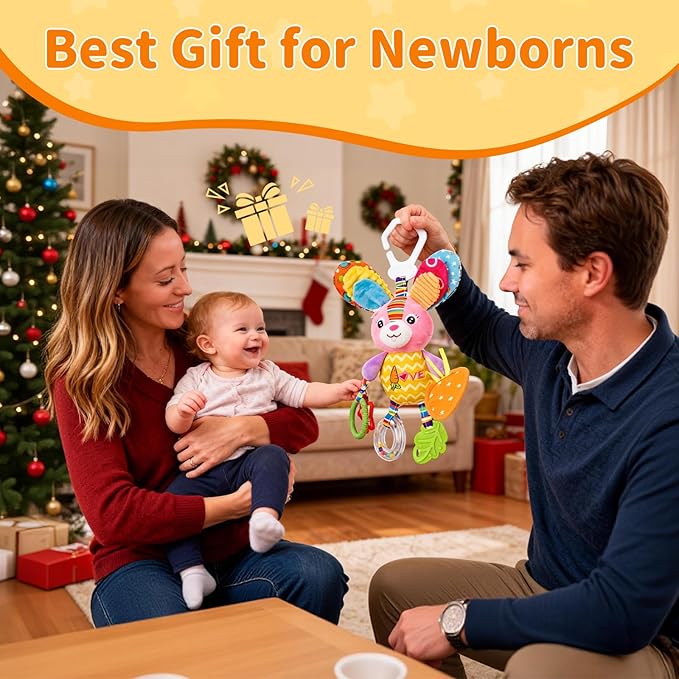 Baby Stroller Toy and Car Seat Toy for Infant with Teether Hanging Rattle Toys Clip on Stroller Toy Soft Plush Baby Toys for Boys and Girls 3-12 Months