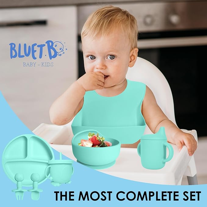 Bluet B- Silicone Feeding Set - Pacifier, Baby Spoons, Suction Bowl, Plate - Baby Utensils - First Foods Set - 11pcs - Green
