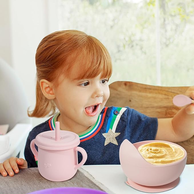 Dormlony 100% Silicone Baby Feeding Set,BPA Free Baby Dishes Set with Suction Bowl Divided Plate,Toddler Self Feeding Dish Set with Spoons Forks Sippy Cup and Bib, Baby Eating Utensils (Pink)