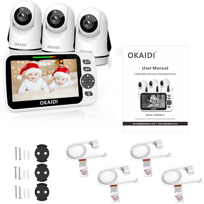 OKAIDI Video Baby Monitor with 3 Cameras, 5" Display Baby Monitor No WiFi, 30H Battery and 1000ft Range, 2-Way Talk, 8 Lullabies, Remote Pan-Tilt-Zoom Baby Camera for Baby/Pet/Elderly