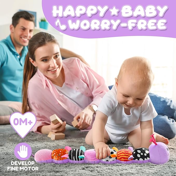 AWOTOY Baby Toys 0-6-12 Months,Musical Caterpillar Stuffed Animals Activity Infant Toys with Crinkle,Rattles,Muti-Teething Sensory Toy,Boy Girl Gifts for Newborn Tummy Time,Purple