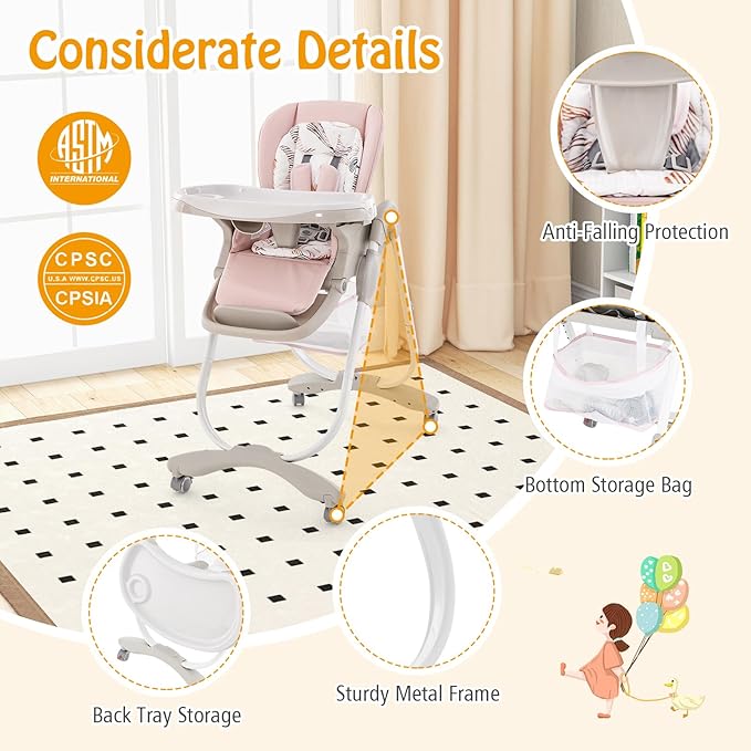 HONEY JOY Baby High Chair, Foldable High Chairs for Babies and Toddlers, Adjustable Heights, Recline Backrest & Footrest, Double-Layer Tray & Cushion, Portable Infant Highchair with Wheels (Pink)