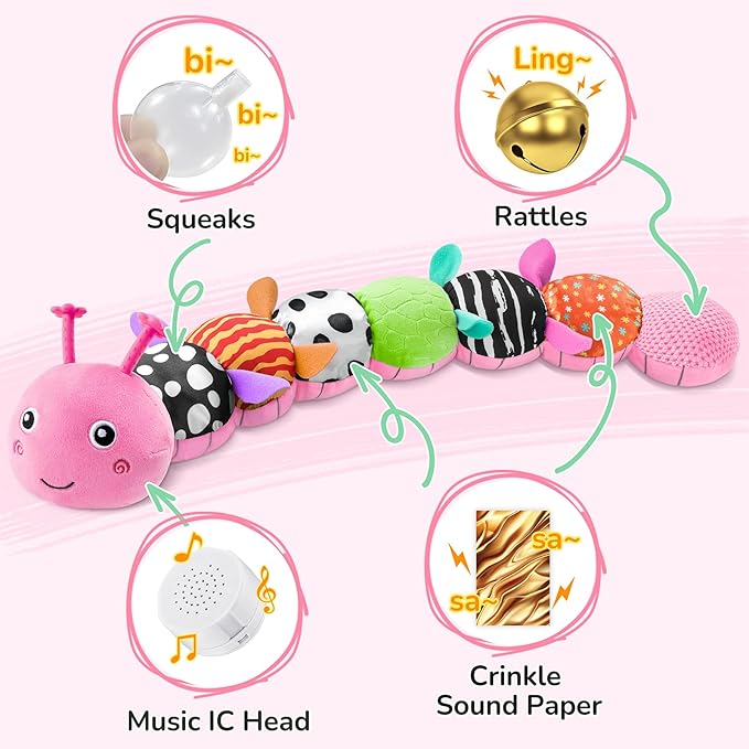 AWOTOY Baby Toys 6-12 Months Music Caterpillar,Stuffed Animals Infant Toys 0-3-6 Months,Baby Sensory Toys Tummy Time with Crinkle Rattle Teething Toys for Newborn Boys Girls Gifts Birthday|Rose Pink
