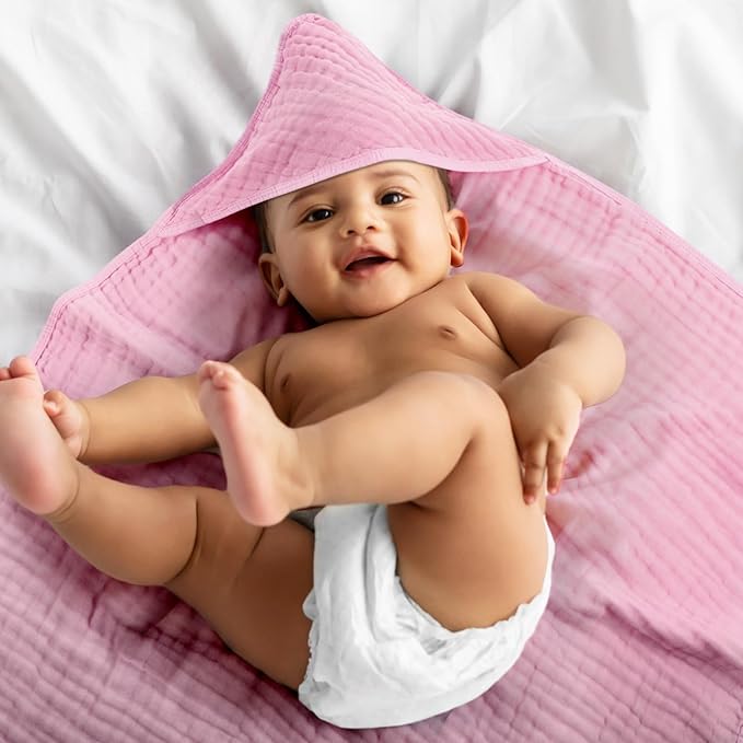 VitalCozy 6 Pcs Baby Muslin Hooded Bath Towels and Washcloths Muslin Cotton Hooded Baby Towels Absorbent Blankets for Gift Newborn Infant Shower (32 x 32 Inch,Rose Red,Pink)