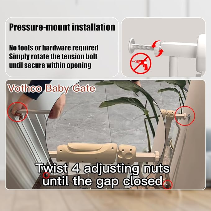 Vothco Extra Wide Baby & Dog Gate 62-67 Inch, Pressure Mounted No Drilling, Adjustable Indoor Safety Gate for Stairs & Wide Doorways - Metal Design for Kids and Pets, White