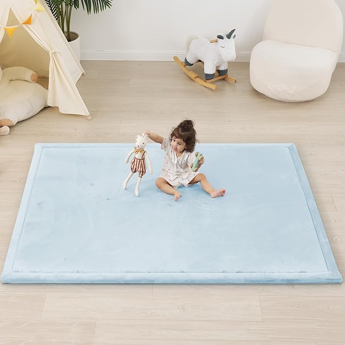 1.5" Thick Baby Play Mat for Floor Tummy Time, Large Pro Soft Foam Activity Playmats Playroom, Easy Care with Non-Slip Safe for Infant Toddler Kids Crawling79"x 118" (Blue)