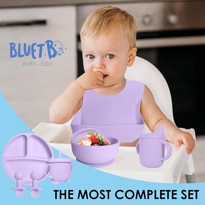 Bluet B- Silicone Baby Feeding Set with Pacifier - Baby Led Weaning Supplies - Baby Spoons, Suction Bowl - Plate - Baby Utensils Set - Silicone Feeding Set for Baby First Foods - 11pcs - Purple