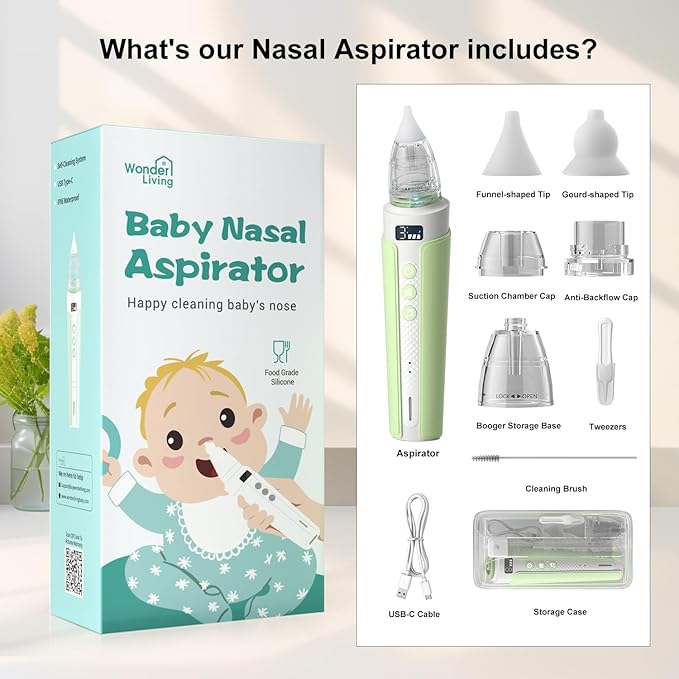 Electric Nasal Aspirator for Baby, Nose Sucker for Baby with IPX6 Waterproof, Self-Cleaning, Adjustable Nose Suction for Toddlers, Built-in Music & Light Soothing, Green