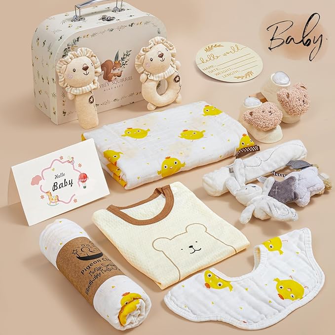 Golray 9pcs Newborn Baby Gift Baskets for Boys Girls Baby Shower, 2 Rattle/Seat Hang Toy/Blanket/Bodysuit/Bib/ 3D Socks/Wood Milestone/Carry Box, Neutral New Born Essential Stuff Unisex Baby Gifts Boy
