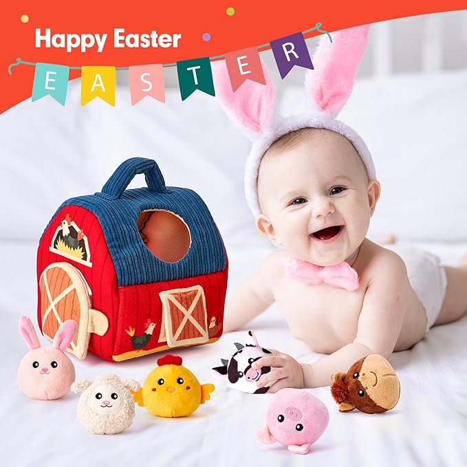 hahaland Baby Toys 6-12 Months - Surprise Barn Stuffed Farm Animals, Rattle, Crinkle, Mirror, Montessori Toys for 6 Month Old Sensory Balls 1-3 Plush Baby Valentines Day Gifts Easter Basket Stuffers