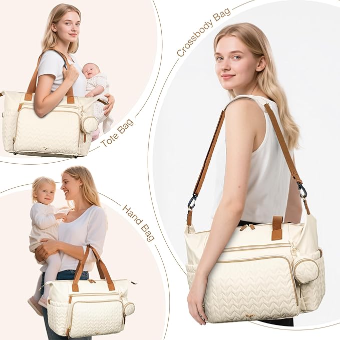 Diaper Bag Tote, Large Baby Diaper Bags Waterproof, Hospital Bag for Labor Delivery with Pacifier Case, Changing Pad, Shoulder Strap, Beige