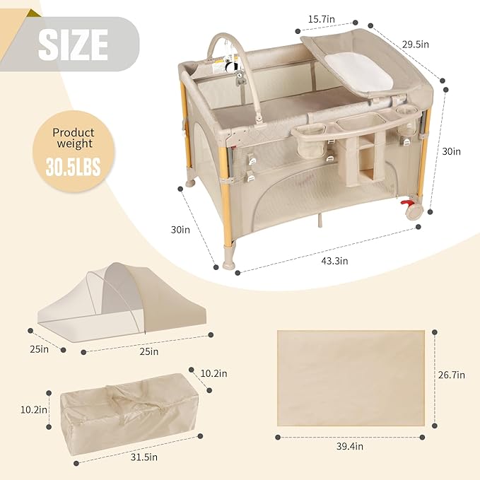 Baby Bassinet 5 in 1 Pack and Play,Baby Crib Adjustable Beside Sleeper One-Second &One-Hand Setup,Portable Playard Foldable Playpen for Newborn,Babies and Toddlers with Changing Table,Mattress (Beige)
