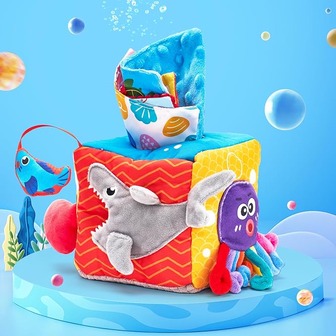 hahaland Baby Tissue Box Toy, Baby Toys 6-12 Months Montessori Toys for 6 Month Old, Textured Tails, Crinkle Tissues, Squeaky, Mirror, Silks Sensoy Scarves Baby Gifts Valentines Easter Basket Stuffers